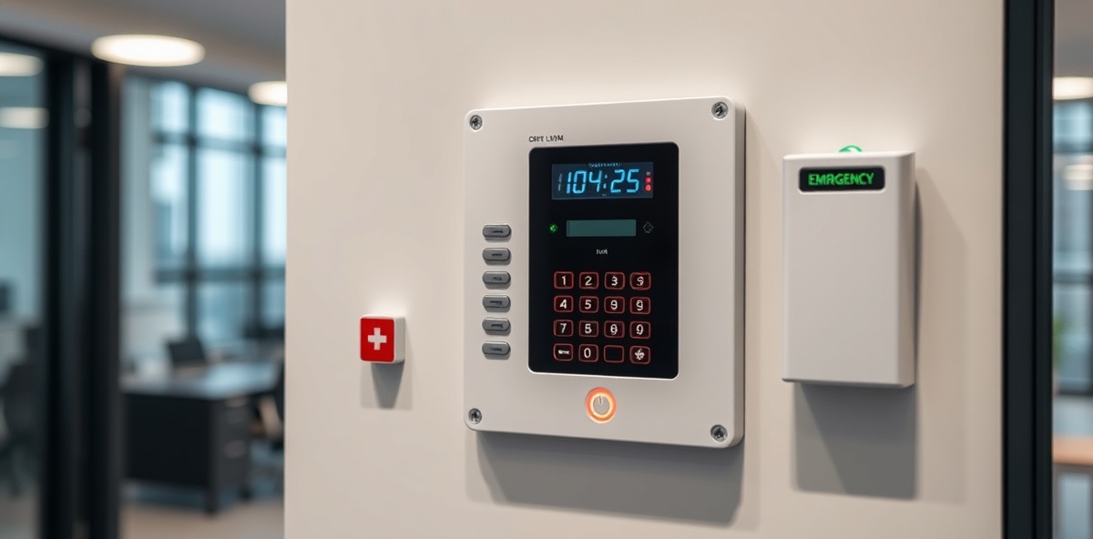 Modern alarm system control panel with LED indicators and keypad in commercial office